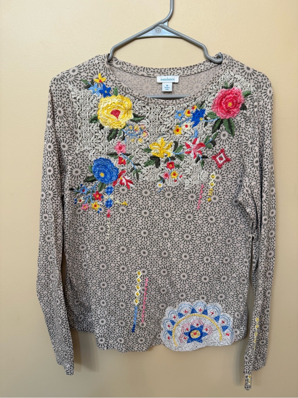 Sundance Taupe Floral Embroidered Long-Sleeve Top